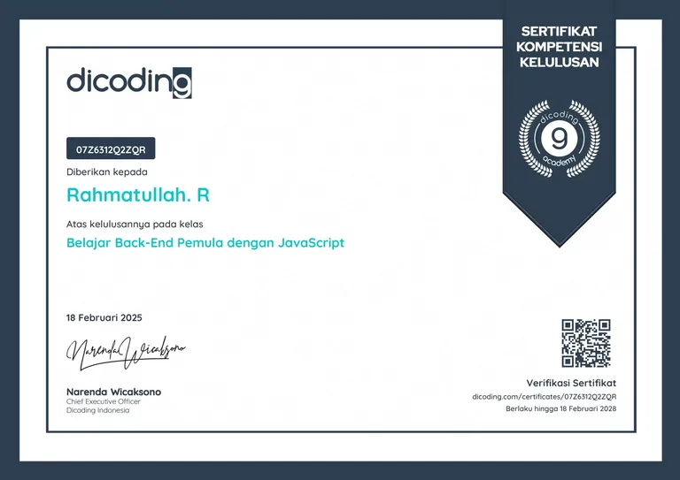 Learn Back-End Programming for Beginners with JavaScript, Dicoding certificate
