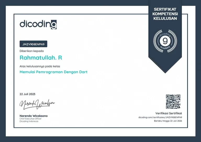 Getting Started with Dart Programming, Dicoding certificate