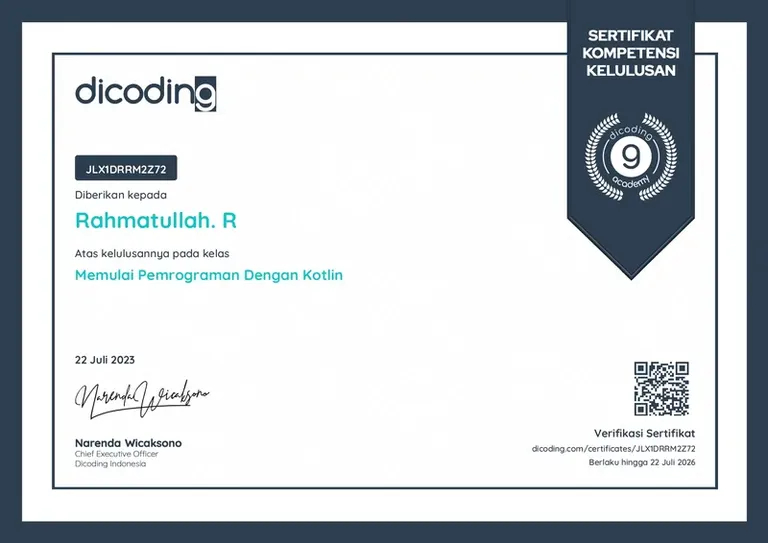 Getting Started with Programming in Kotlin, Dicoding certificate